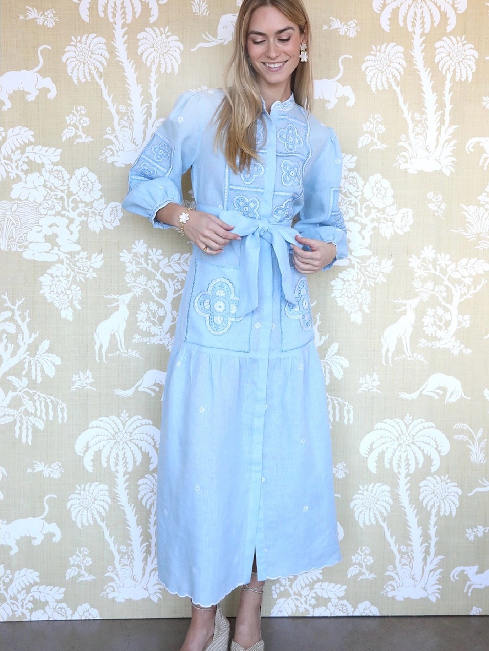 ASHA Light Blue Linen Embroidered Tie-Waist Maxi Dress